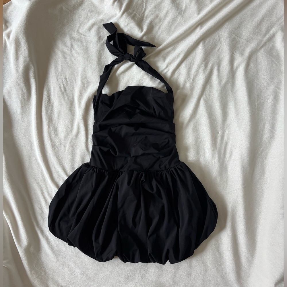 Black Halter Athleisure Bubble Dress with Zippered Back